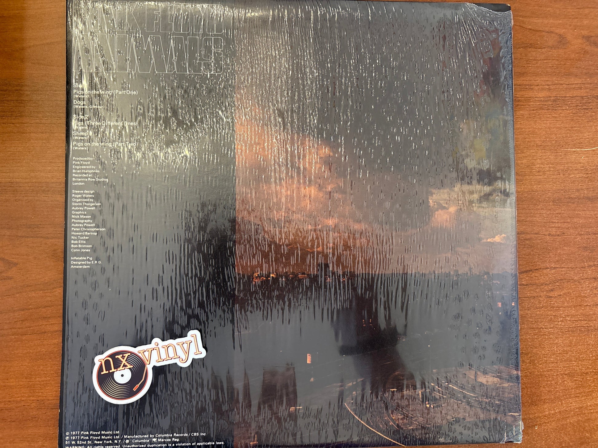 Vinyl record with a textured cover and 'nx vinyl' logo on a wooden surface